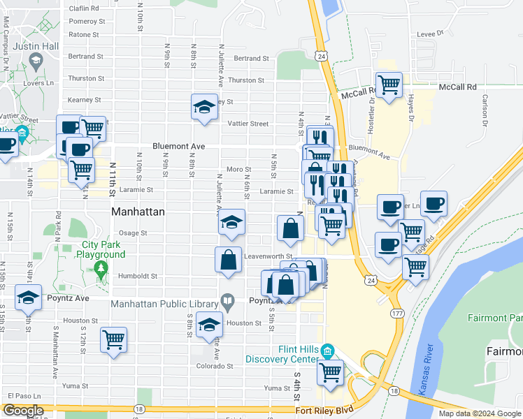 map of restaurants, bars, coffee shops, grocery stores, and more near 514 Fremont Street in Manhattan