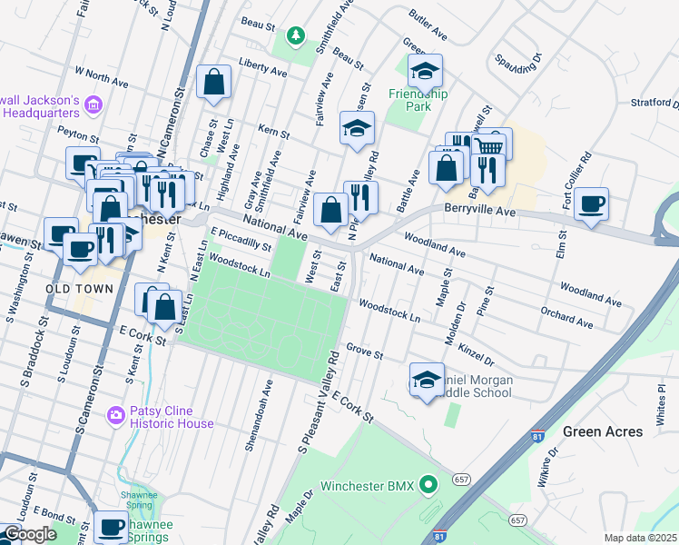 map of restaurants, bars, coffee shops, grocery stores, and more near 200 East Street in Winchester