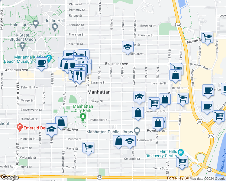 map of restaurants, bars, coffee shops, grocery stores, and more near 824 Fremont Street in Manhattan