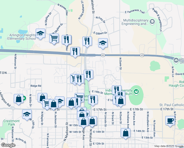 map of restaurants, bars, coffee shops, grocery stores, and more near 1820 North Walnut Street in Bloomington