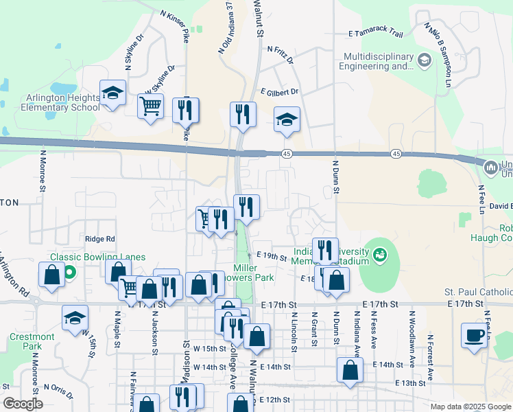 map of restaurants, bars, coffee shops, grocery stores, and more near 1820 North Walnut Street in Bloomington