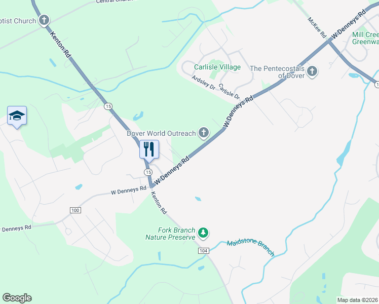 map of restaurants, bars, coffee shops, grocery stores, and more near 3867 West Denneys Road in Dover