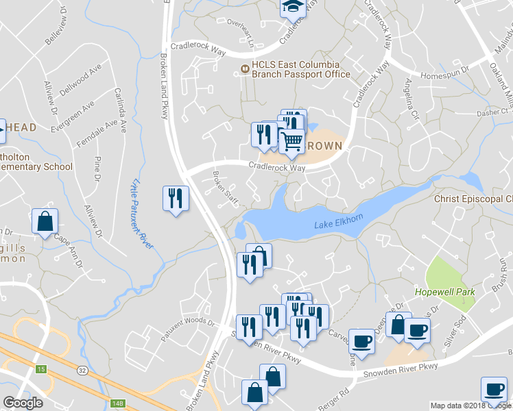 map of restaurants, bars, coffee shops, grocery stores, and more near 7258 Dockside Lane in Columbia