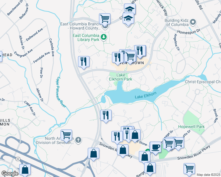 map of restaurants, bars, coffee shops, grocery stores, and more near 7258 Dockside Lane in Columbia