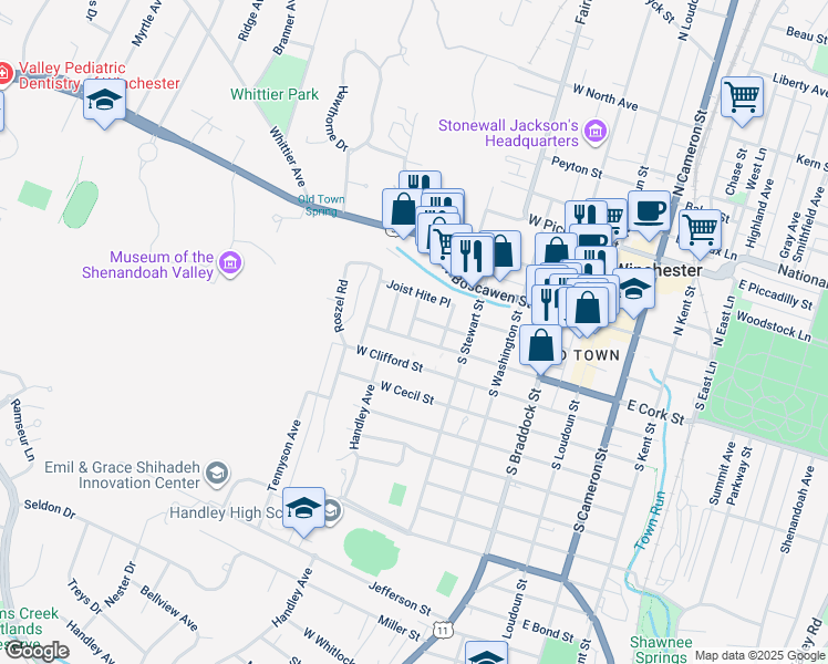 map of restaurants, bars, coffee shops, grocery stores, and more near 420 West Cork Street in Winchester