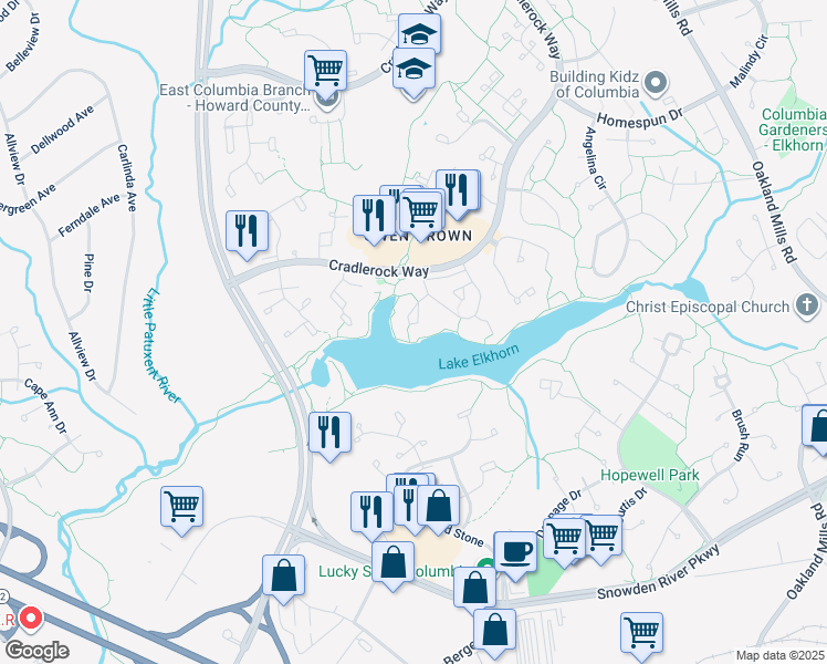 map of restaurants, bars, coffee shops, grocery stores, and more near 7297 Swan Point Way in Columbia