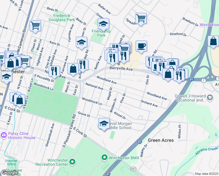 map of restaurants, bars, coffee shops, grocery stores, and more near 716 Woodland Avenue in Winchester
