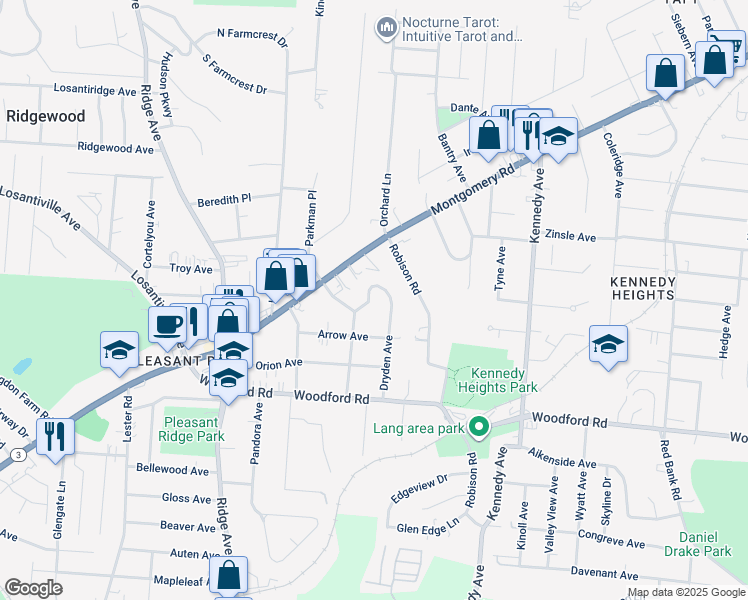 map of restaurants, bars, coffee shops, grocery stores, and more near 6126 Dryden Avenue in Cincinnati