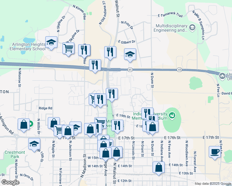 map of restaurants, bars, coffee shops, grocery stores, and more near 2038 North Walnut Street in Bloomington