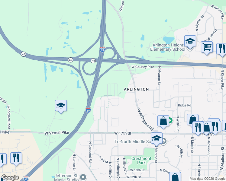 map of restaurants, bars, coffee shops, grocery stores, and more near 1403 Hickory Lane in Bloomington