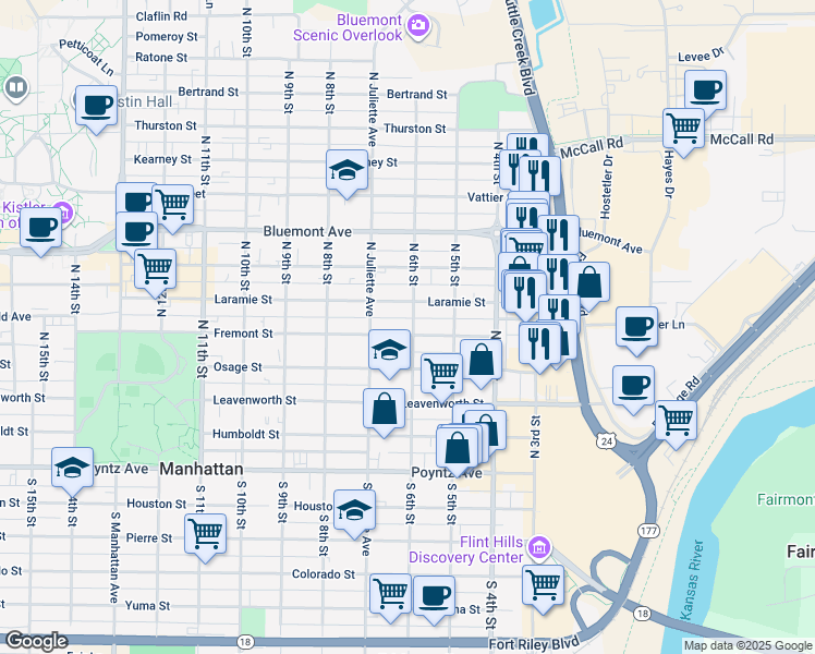 map of restaurants, bars, coffee shops, grocery stores, and more near 609 Laramie Street in Manhattan