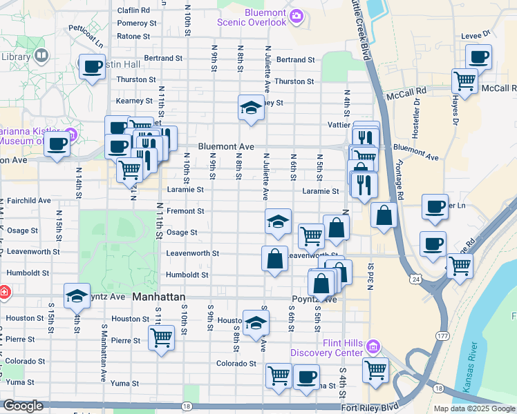 map of restaurants, bars, coffee shops, grocery stores, and more near 715 Laramie Street in Manhattan