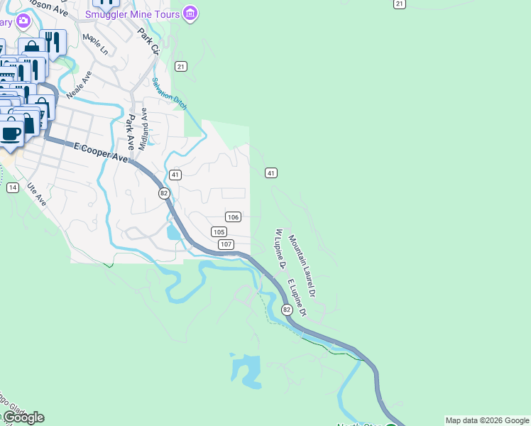 map of restaurants, bars, coffee shops, grocery stores, and more near 473b Mountain Laurel Drive in Aspen