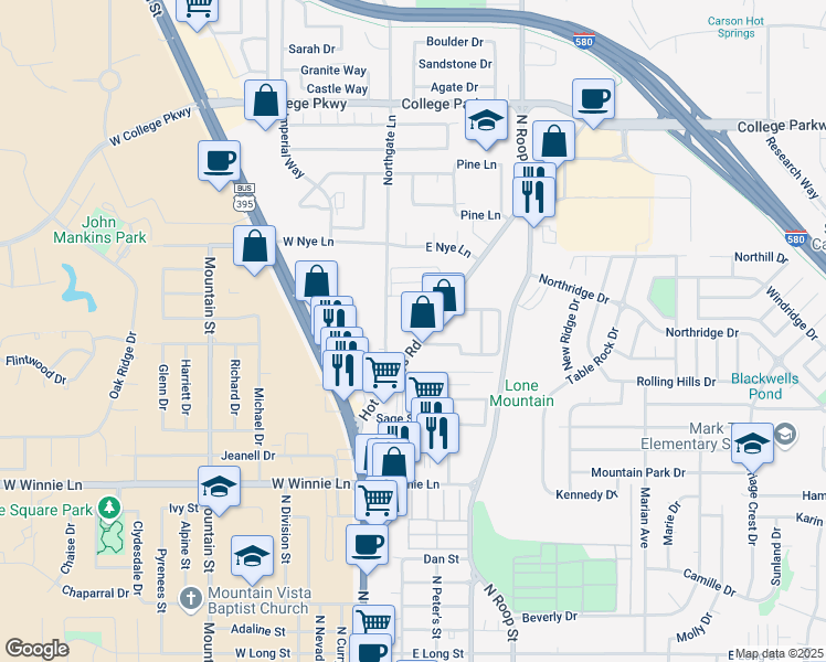 map of restaurants, bars, coffee shops, grocery stores, and more near 490 Hot Springs Road in Carson City