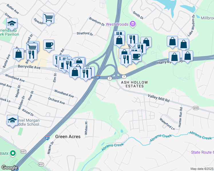map of restaurants, bars, coffee shops, grocery stores, and more near 118 Dowell J Circle in Winchester