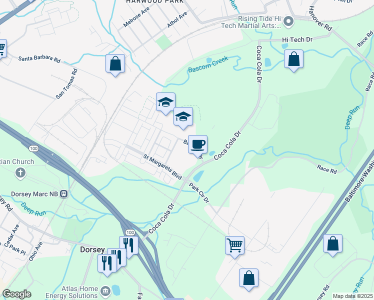 map of restaurants, bars, coffee shops, grocery stores, and more near 7040 Southmoor Street in Elkridge