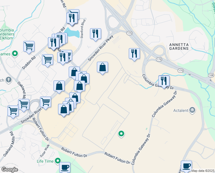 map of restaurants, bars, coffee shops, grocery stores, and more near 8901 Snowden River Parkway in Columbia