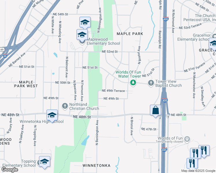 map of restaurants, bars, coffee shops, grocery stores, and more near 4919 North Newton Avenue in Kansas City