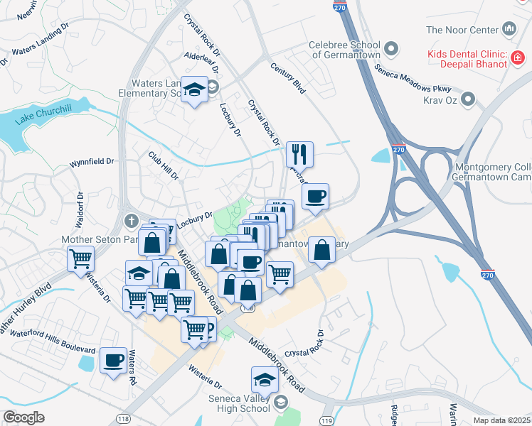 map of restaurants, bars, coffee shops, grocery stores, and more near 12965 Pinnacle Drive in Germantown