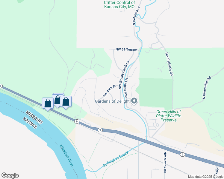 map of restaurants, bars, coffee shops, grocery stores, and more near 6363 Northwest 49th Street in Kansas City