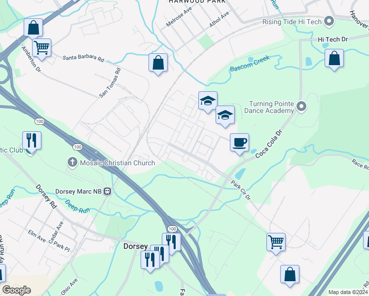 map of restaurants, bars, coffee shops, grocery stores, and more near 7103 Beaumont Place in Elkridge