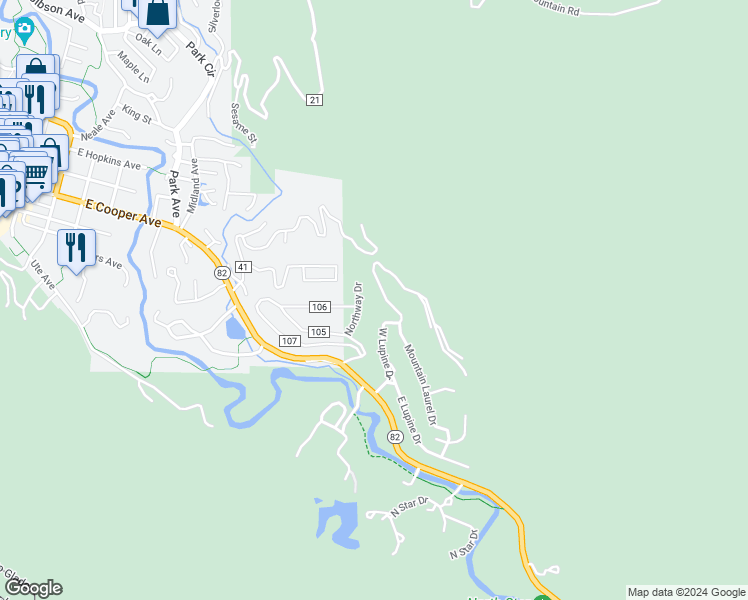 map of restaurants, bars, coffee shops, grocery stores, and more near 449 Mountain Laurel Lane in Aspen