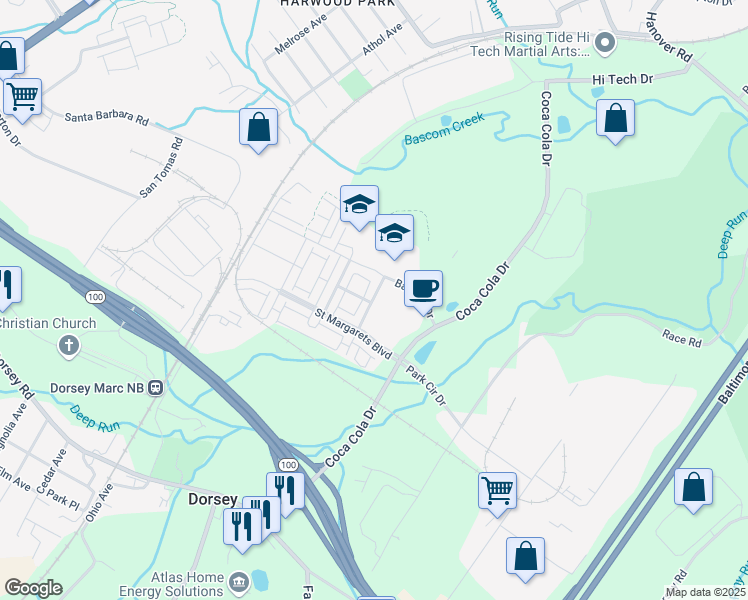 map of restaurants, bars, coffee shops, grocery stores, and more near 7027 Southmoor Street in Elkridge