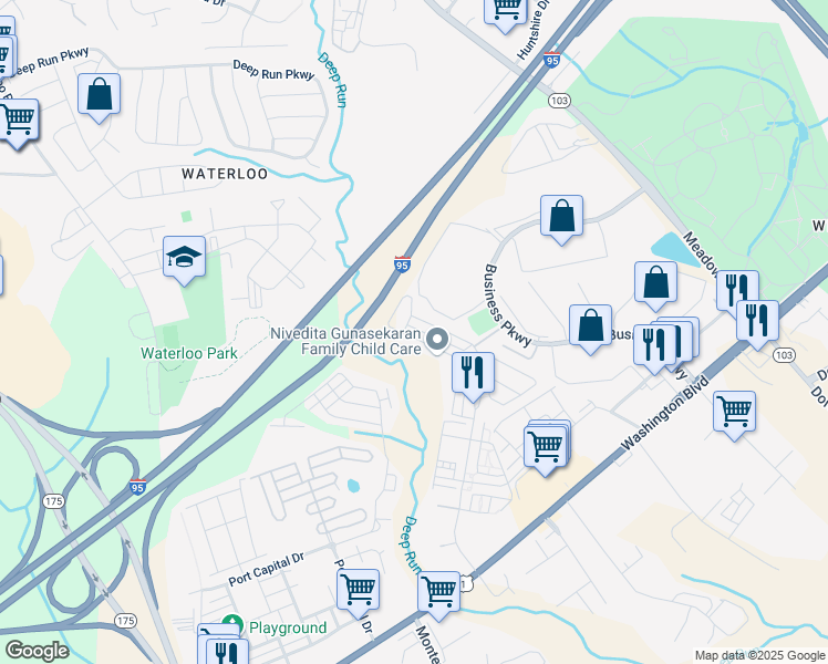 map of restaurants, bars, coffee shops, grocery stores, and more near 8030 Potter Place in Elkridge