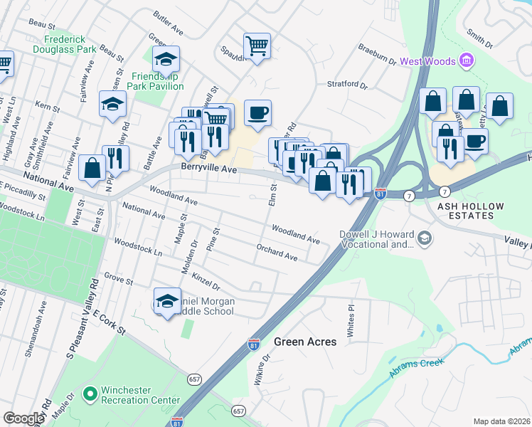 map of restaurants, bars, coffee shops, grocery stores, and more near 950 Frederick Avenue in Winchester
