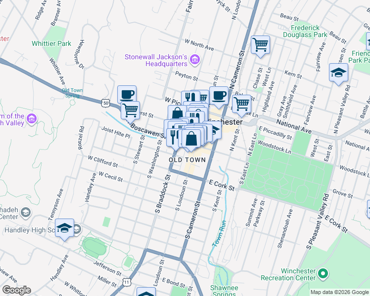 map of restaurants, bars, coffee shops, grocery stores, and more near 26 West Boscawen Street in Winchester