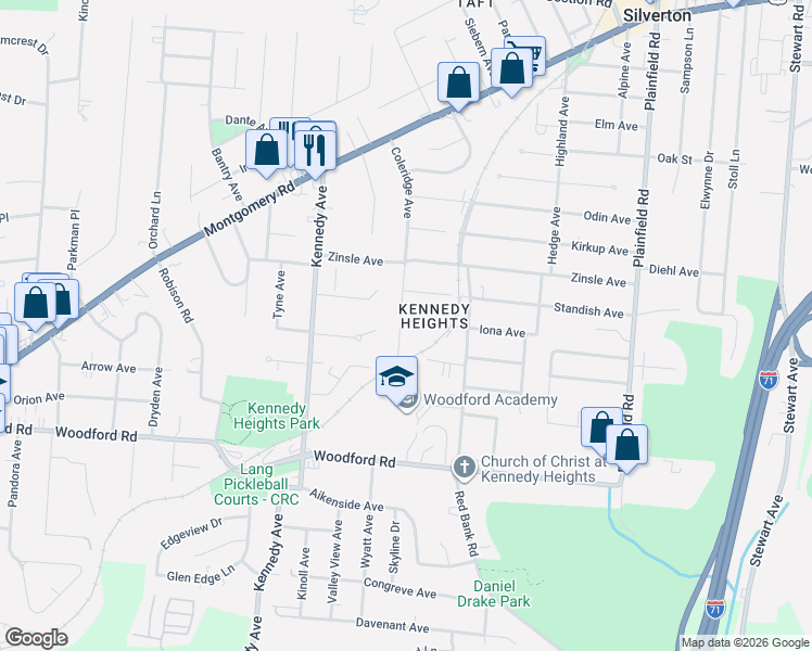 map of restaurants, bars, coffee shops, grocery stores, and more near 6211 Coleridge Avenue in Cincinnati
