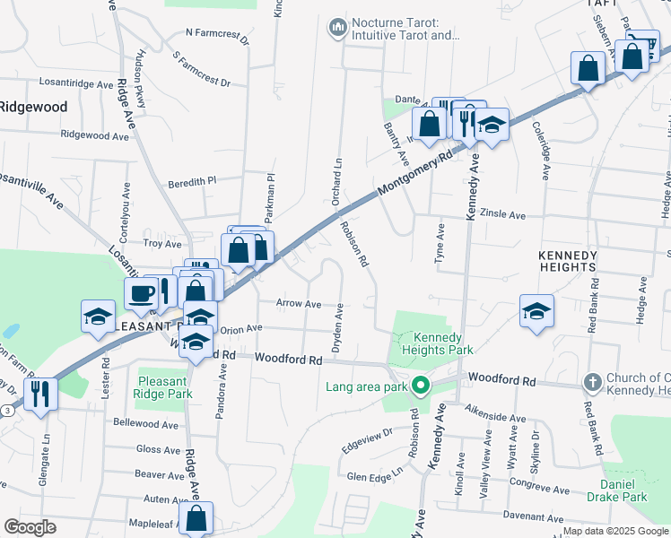 map of restaurants, bars, coffee shops, grocery stores, and more near 6257 Robison Road in Cincinnati