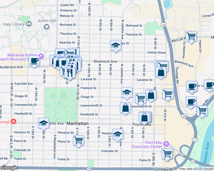 map of restaurants, bars, coffee shops, grocery stores, and more near 804 Laramie Street in Manhattan