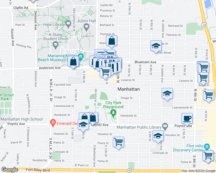 map of restaurants, bars, coffee shops, grocery stores, and more near 1135 Laramie Street in Manhattan