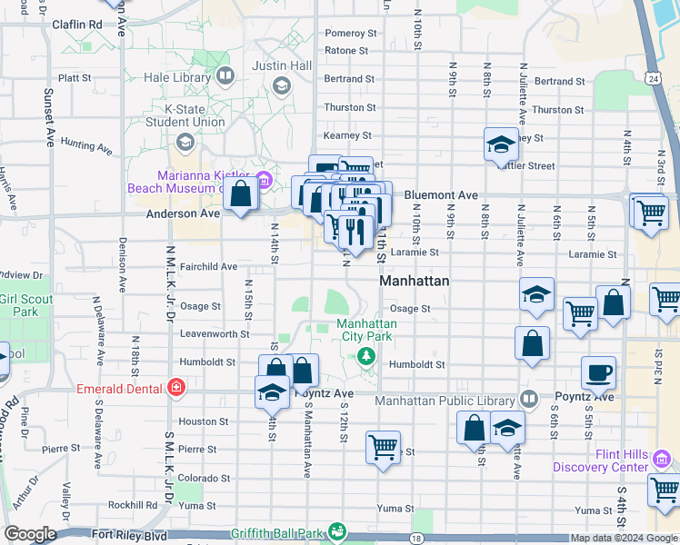 map of restaurants, bars, coffee shops, grocery stores, and more near 1135 Laramie Street in Manhattan