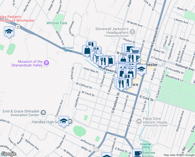 map of restaurants, bars, coffee shops, grocery stores, and more near 100 Lee Street in Winchester