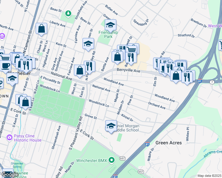 map of restaurants, bars, coffee shops, grocery stores, and more near 699 Woodland Avenue in Winchester