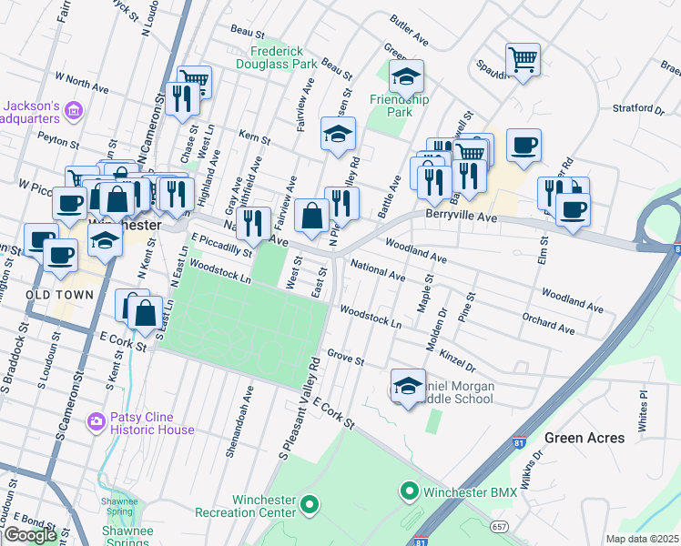 map of restaurants, bars, coffee shops, grocery stores, and more near 39 Raleigh Court in Winchester