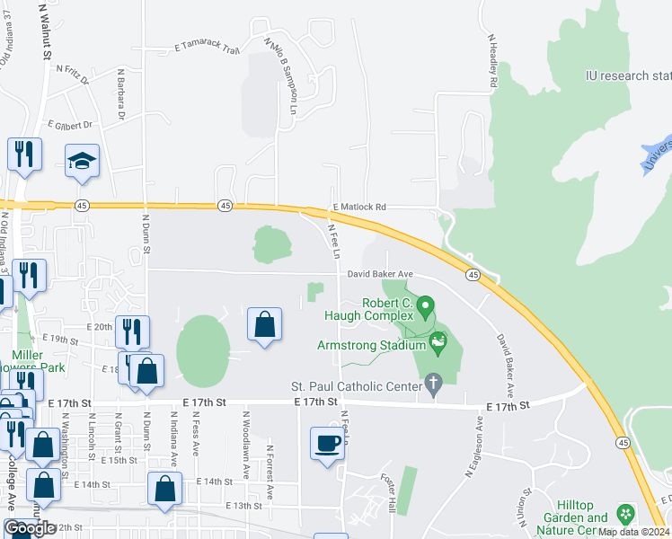 map of restaurants, bars, coffee shops, grocery stores, and more near 1873 North Fee Lane in Bloomington