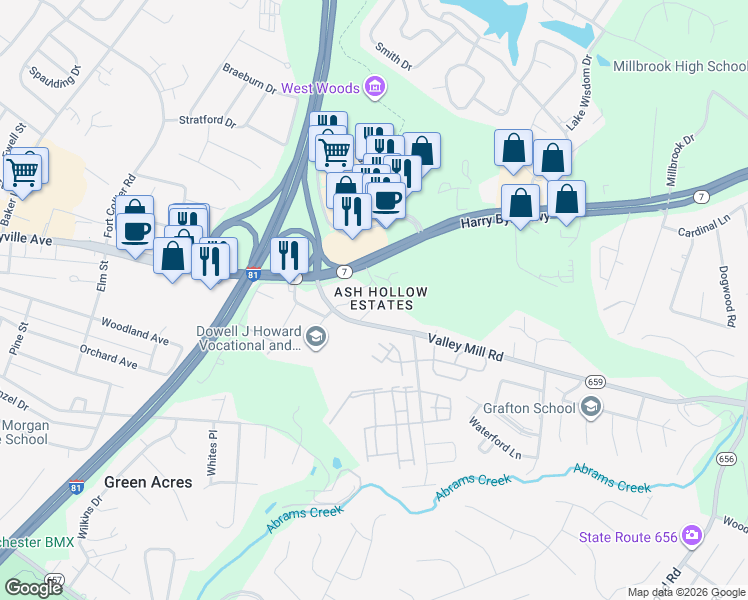 map of restaurants, bars, coffee shops, grocery stores, and more near 127 Martin Drive in Winchester