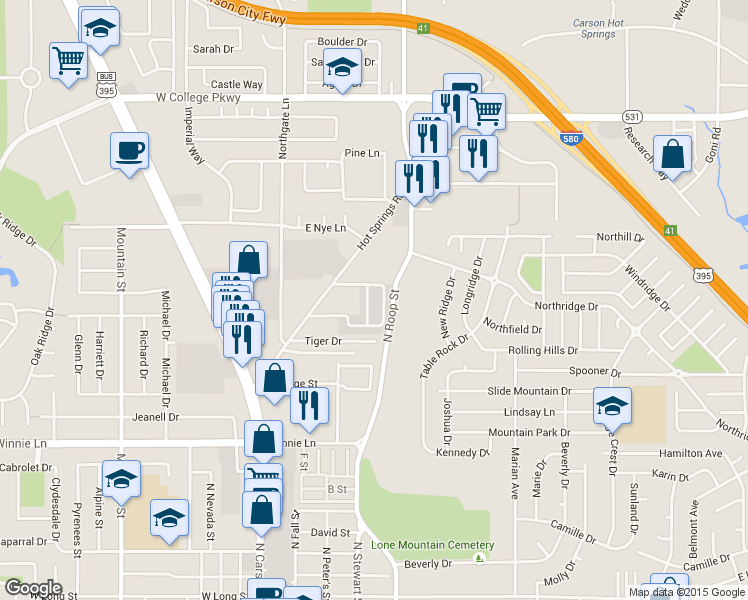 map of restaurants, bars, coffee shops, grocery stores, and more near 493 Hot Springs Road in Carson City