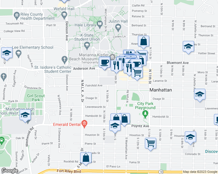 map of restaurants, bars, coffee shops, grocery stores, and more near 1423 Fairchild Avenue in Manhattan