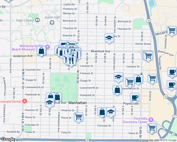map of restaurants, bars, coffee shops, grocery stores, and more near 924 Fremont Street in Manhattan