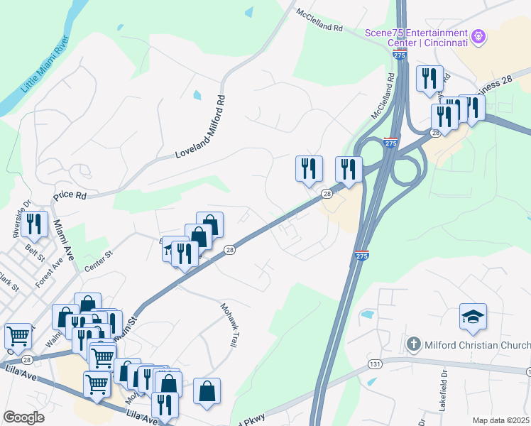 map of restaurants, bars, coffee shops, grocery stores, and more near 101 Castleberry Court in Milford
