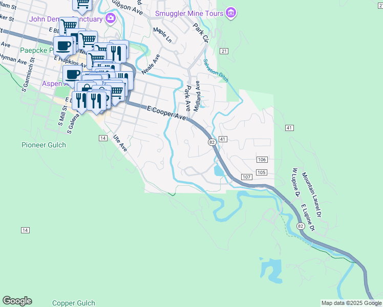 map of restaurants, bars, coffee shops, grocery stores, and more near 1235 Riverside Drive in Aspen