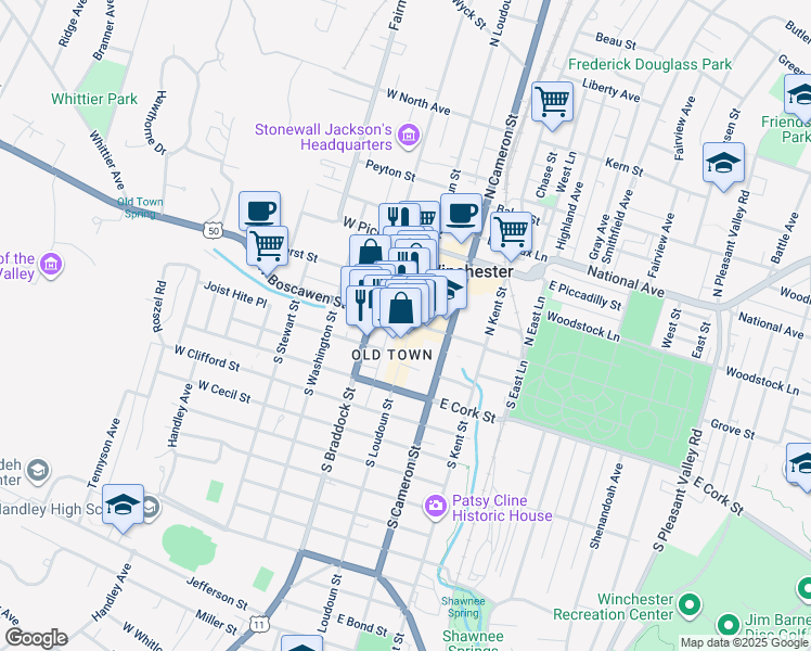 map of restaurants, bars, coffee shops, grocery stores, and more near 26 West Boscawen Street in Winchester
