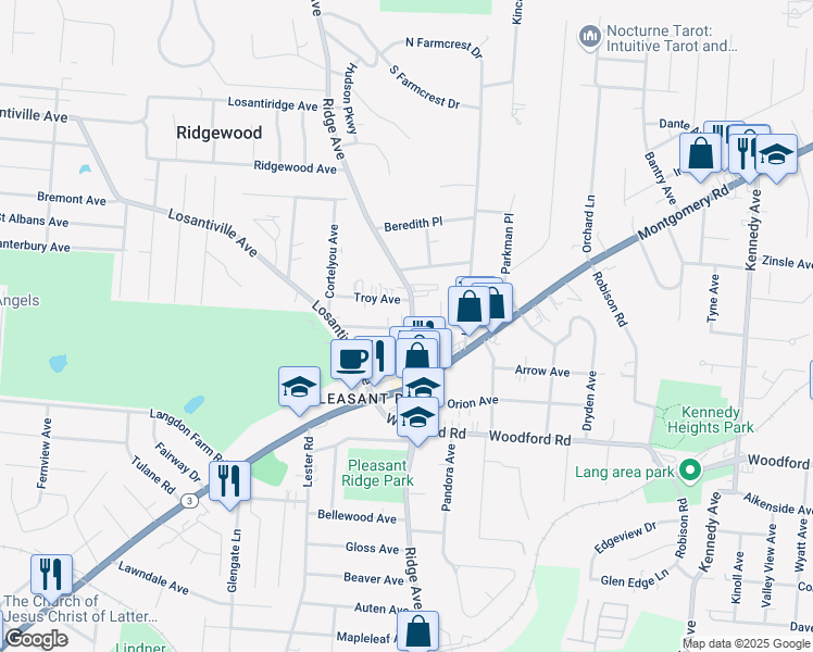 map of restaurants, bars, coffee shops, grocery stores, and more near 6165 Ridge Avenue in Cincinnati