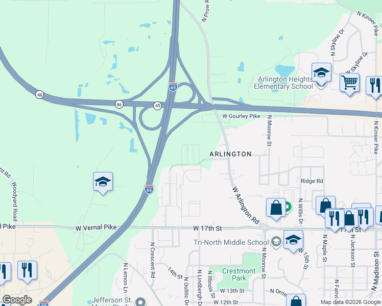 map of restaurants, bars, coffee shops, grocery stores, and more near 1403 Hickory Lane in Bloomington