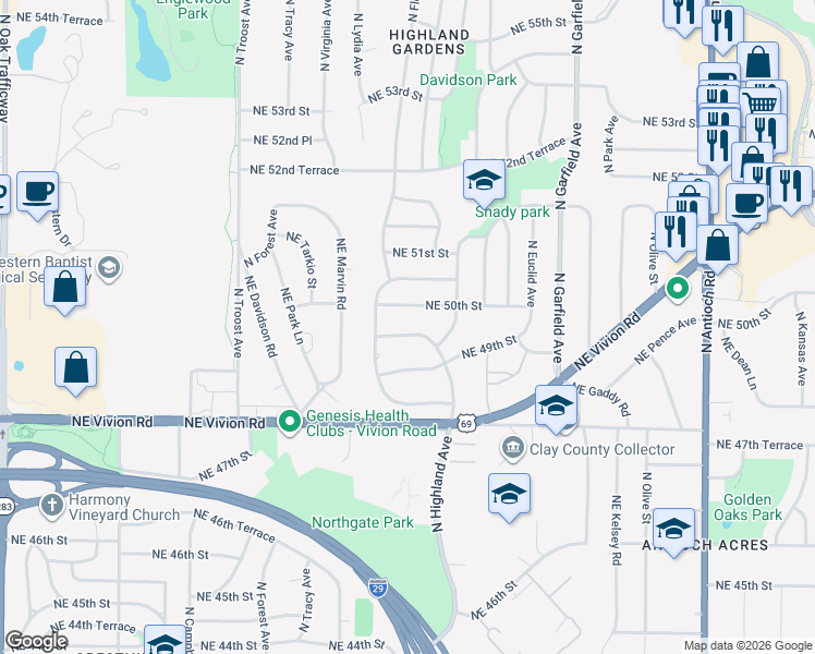 map of restaurants, bars, coffee shops, grocery stores, and more near 1533 Northeast 50th Street in Kansas City