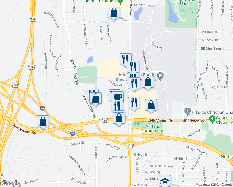 map of restaurants, bars, coffee shops, grocery stores, and more near 302 Northeast 50th Court in Kansas City